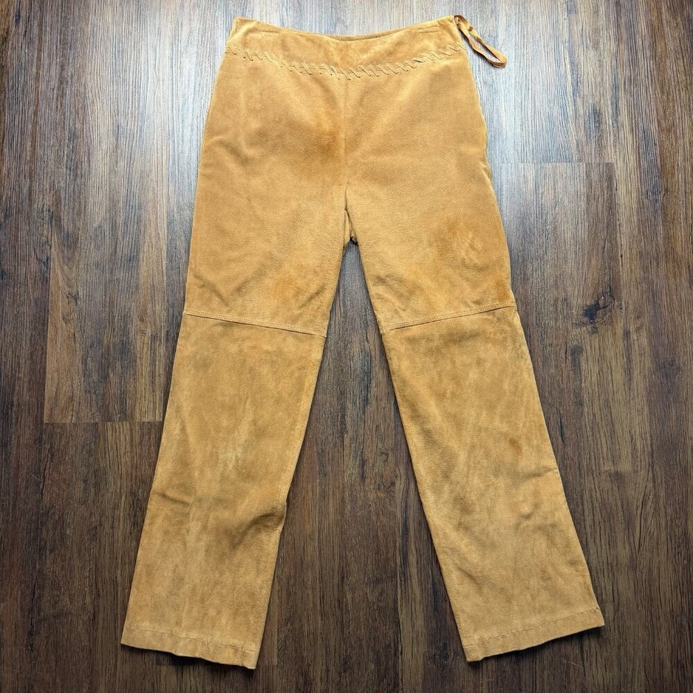 Vtg Madison Studio Leather Suede Flare Bootcut Y2K 90s Pants Tan Size 8